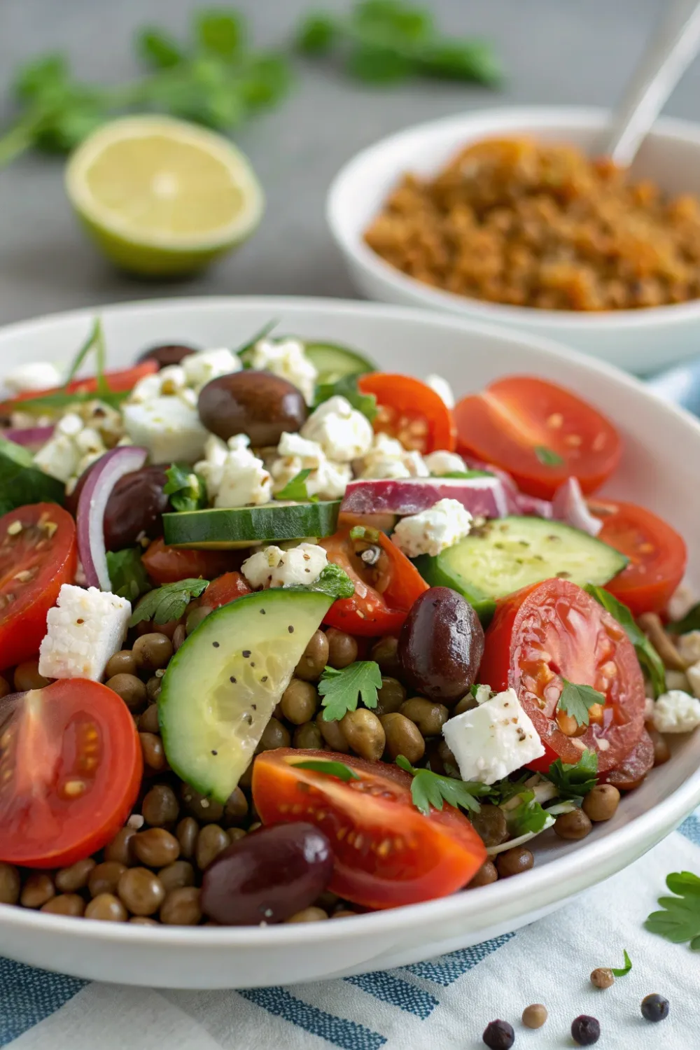 Lentil Salad with Feta, Tomatoes, Cucumbers and Olives